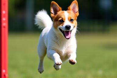 A Jack Russell Terrier joyfully leaping over an agility jump.