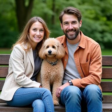 A family sitting on a park bench with a well-groomed poodle dog.